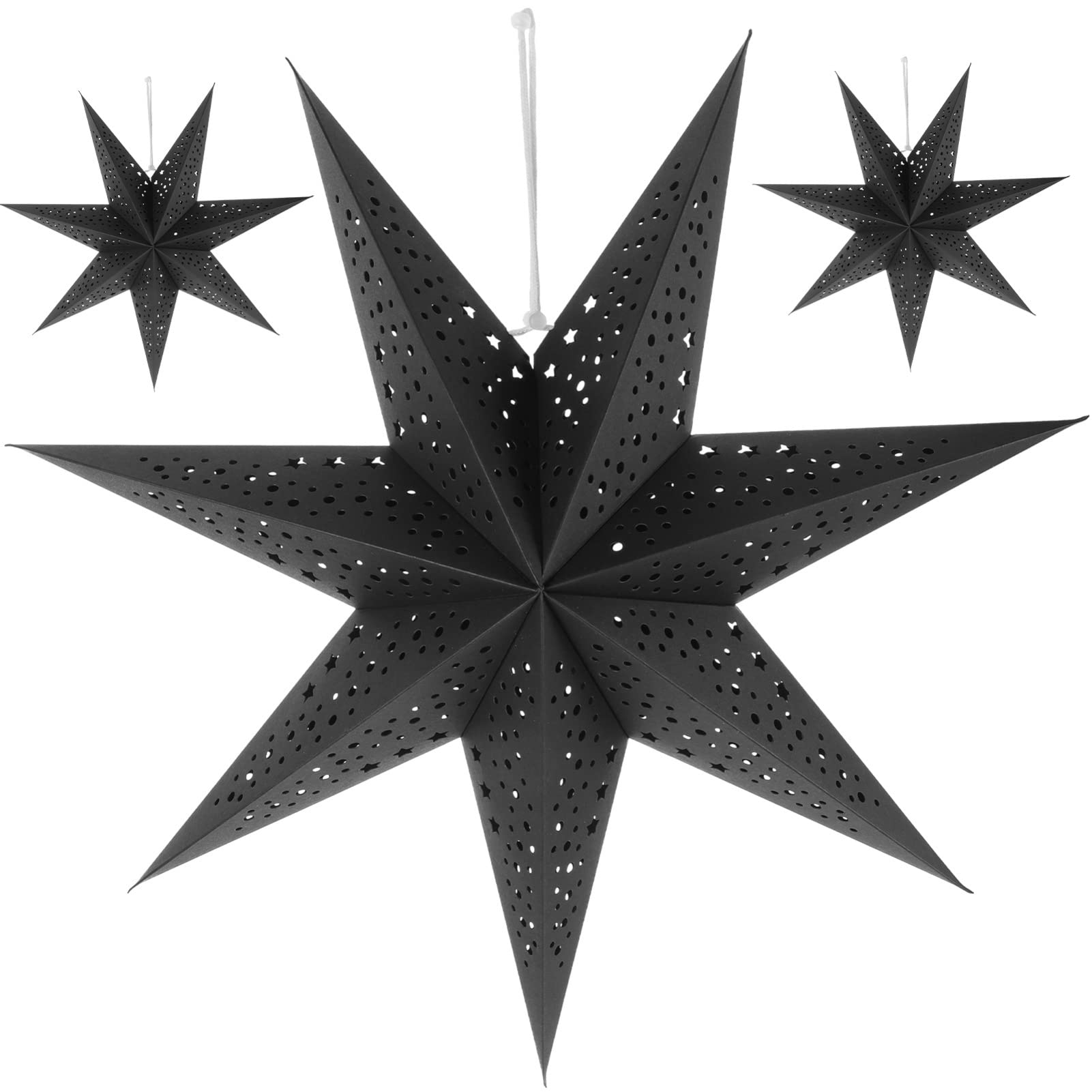 DOITOOL 3pcs Paper Star Lantern Lampshade, 3D Paper Star Pentagram Lamp Shade Xmas Hanging Ornament 7 Pointed Star Hanging Decorations for Christmas Wedding Party Black