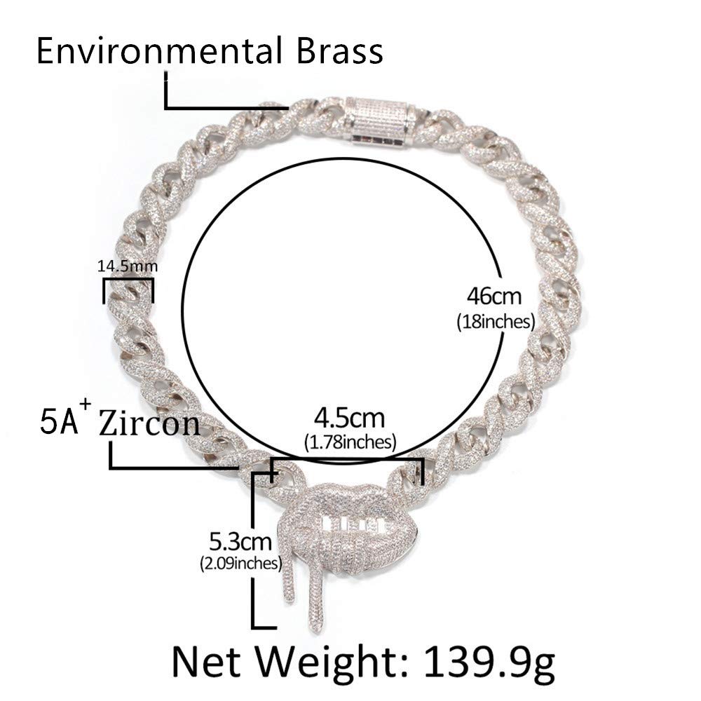 ICEDIAMOND 18K Bling Rope Design Cuban Choker Chain con Sexy Kiss Lips Pendente Charm Collana, Full CZ Diamond Hip Hop Jewelry for Men Women