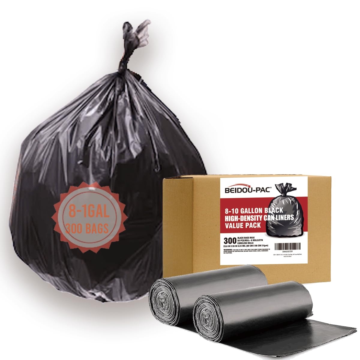 8-10 Gallon Trash Bags, 300 Count Black Garbage bags, Multi-purpose Trash Can Bin Liners for Bathroom, Office, Industrial, Commercial, Janitorial, Municipal, Recycling