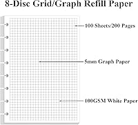 Vista 5 de A5 TUL Papel de recambio cuadriculado con sistema de discos, papel cuadriculado con sistema de 8 discos, 100 hojas/200 páginas, papel cuadriculado
