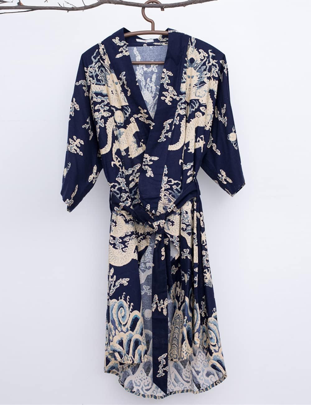 Ystylee Men's Kimono Robe Dragon Vintage Printed Lightweight Cotton Linen Japanese Haori Samurai Robe with Belt
