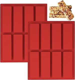 2 Pack Chocolate Bar Mold Silicone Rectangular, 8 Cavities Rectangle Energy Bar Molds, Granola Bar Pan for Baking Protein bars, Ganache, Brownie, Cheesecake, Cornbread, Pudding(Red)