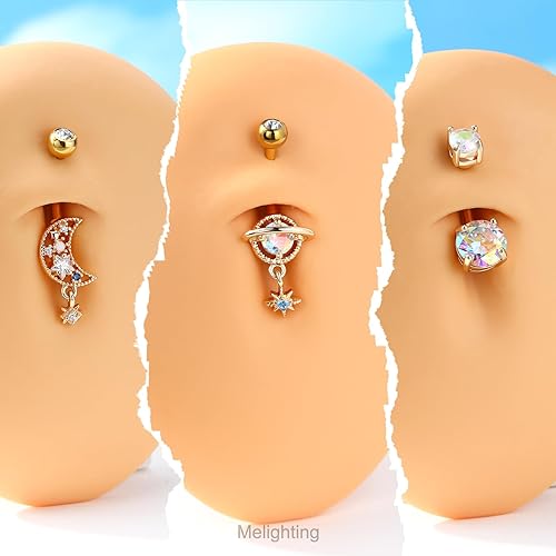 Miniatura 5 de Melighting Piercing de ombligo de acero inoxidable 316L azul de 14G para mujer, circonita cúbica transparente, planeta, ombligo, luna, ombligo,