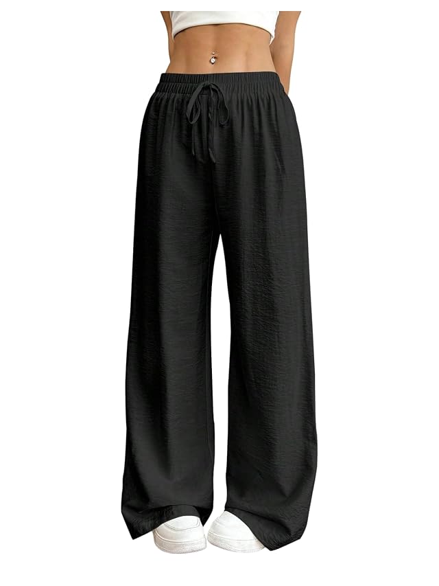 OYOANGLE Womens Linen Drawstring Tie Front Wide Leg Palazzo Pants Elastic Waist Casual Trousers