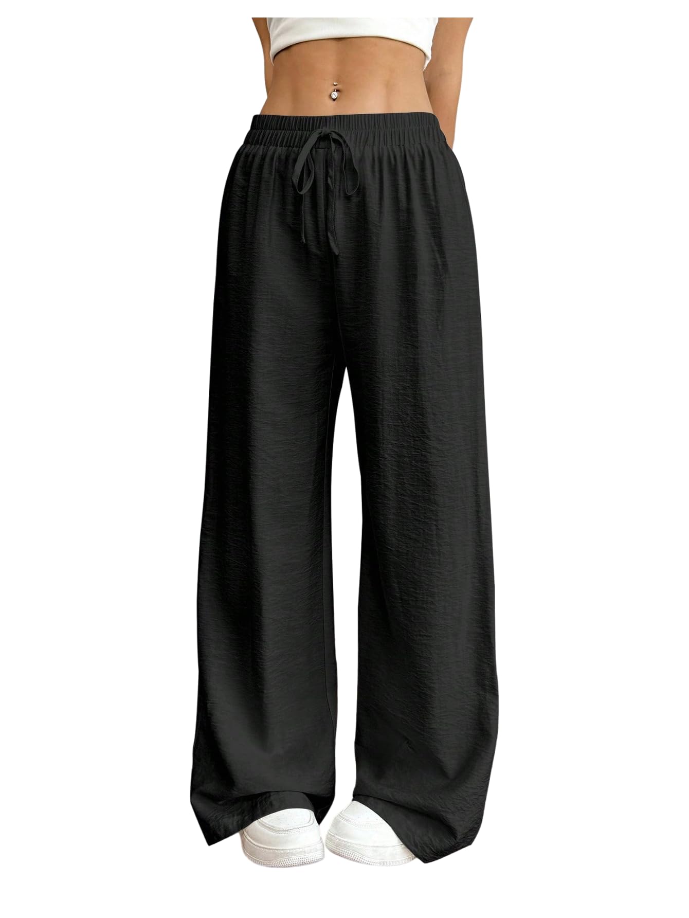 OYOANGLE Womens Linen Drawstring Tie Front Wide Leg Palazzo Pants Elastic Waist Casual Trousers