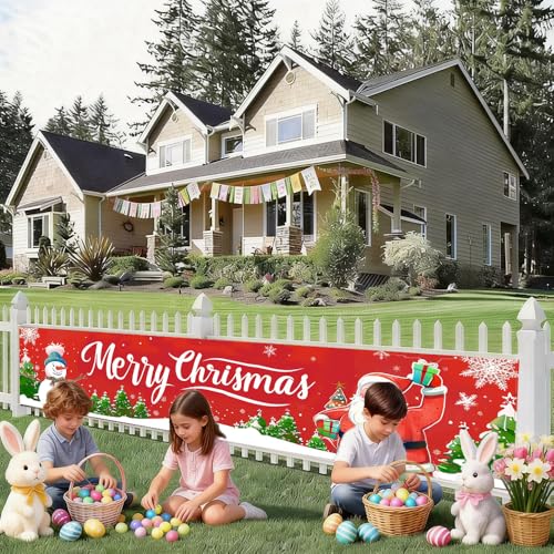 Image of Snowman and Santa Outdoor Banner 78.7 x 17.7 Inch Red Background with Snowflakes and Christmas Trees Festive Holiday Decoration for Yard Garden Fence Porch or Patio Display