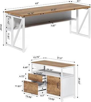 LITTLE TREE 63 L Shaped Executive Computer Desk and Drawer lateral File Cabinet, Walnut