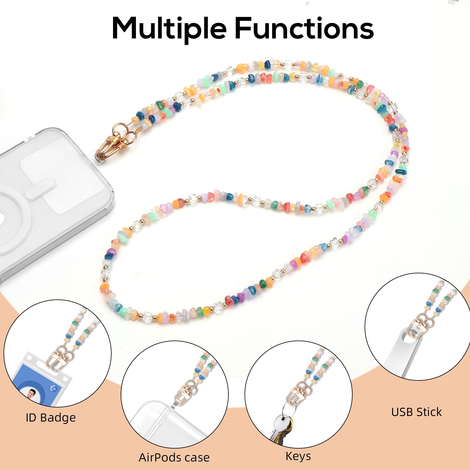 Cordino Tracolla Per Cellulare Con Perline Di Cristallo - Universale Con Patch, Antismarrimento - Accessorio Moda Multicolore Per Ragazze E Donne - 5