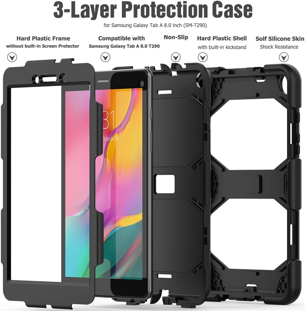 Galaxy Tab A 8.0 Case 2019, Bingcok Heavy Duty Rugged Full-Body Hybrid Shockproof Drop Protection Cover with Kickstand for Samsung Galaxy Tab A 8.0 2019 Model SM-T290 /SM- T295 (1-Black)