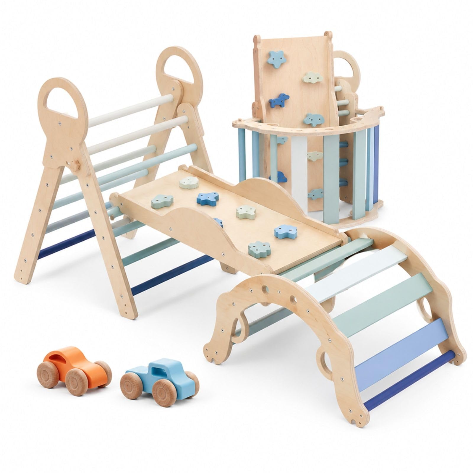 Kletterdreieck, 9-in-1 Kletterspielzeug, mit Holzautos, Kissen, Kletterdreieck, Rutsche & Kletterbogen, bis 68 kg, Montessori Indoor Spielset für Kinder im Alter von 1 bis 3 Jahren, Blau