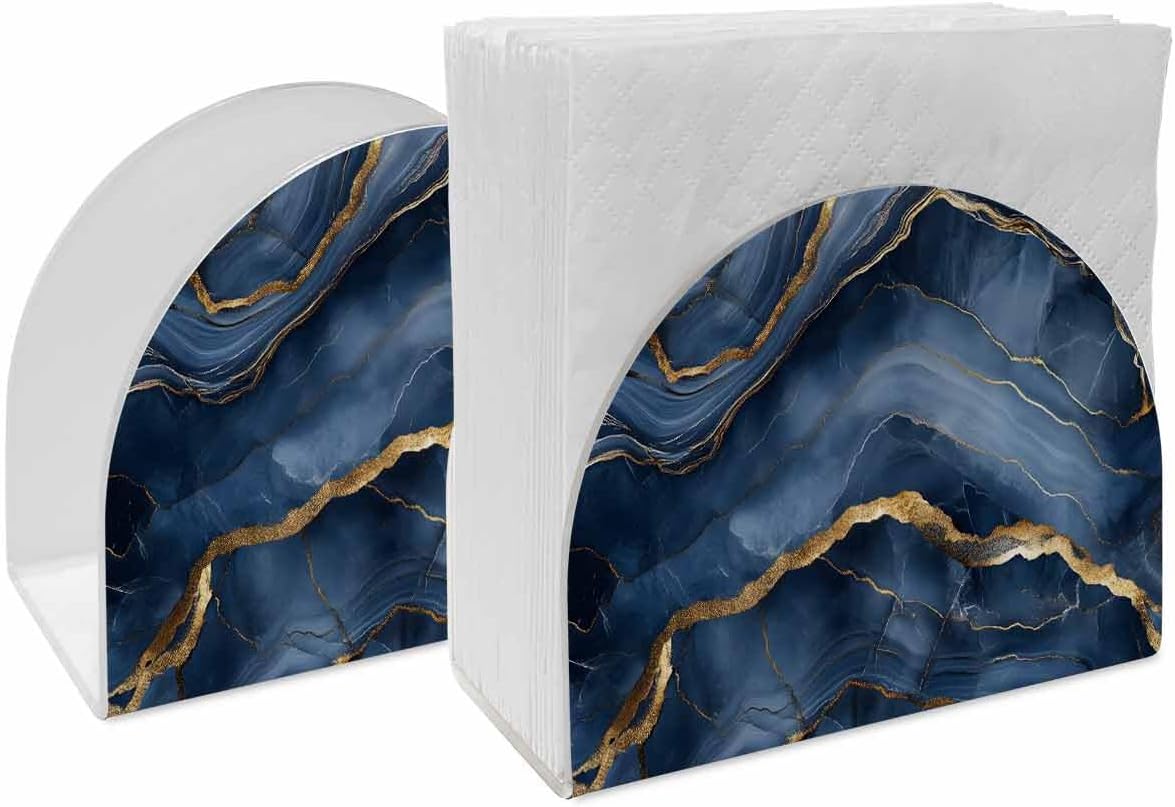 Marble Navy Blue Napkin Holders for Table 2Pc,Gold Ceramic Style Grunge Scratches Kitchen Countertops Cloth Linen Cocktail Napkins Storage Paper Standing Dispenser for Party/Hotel/Cafe/Bar/Bathroom