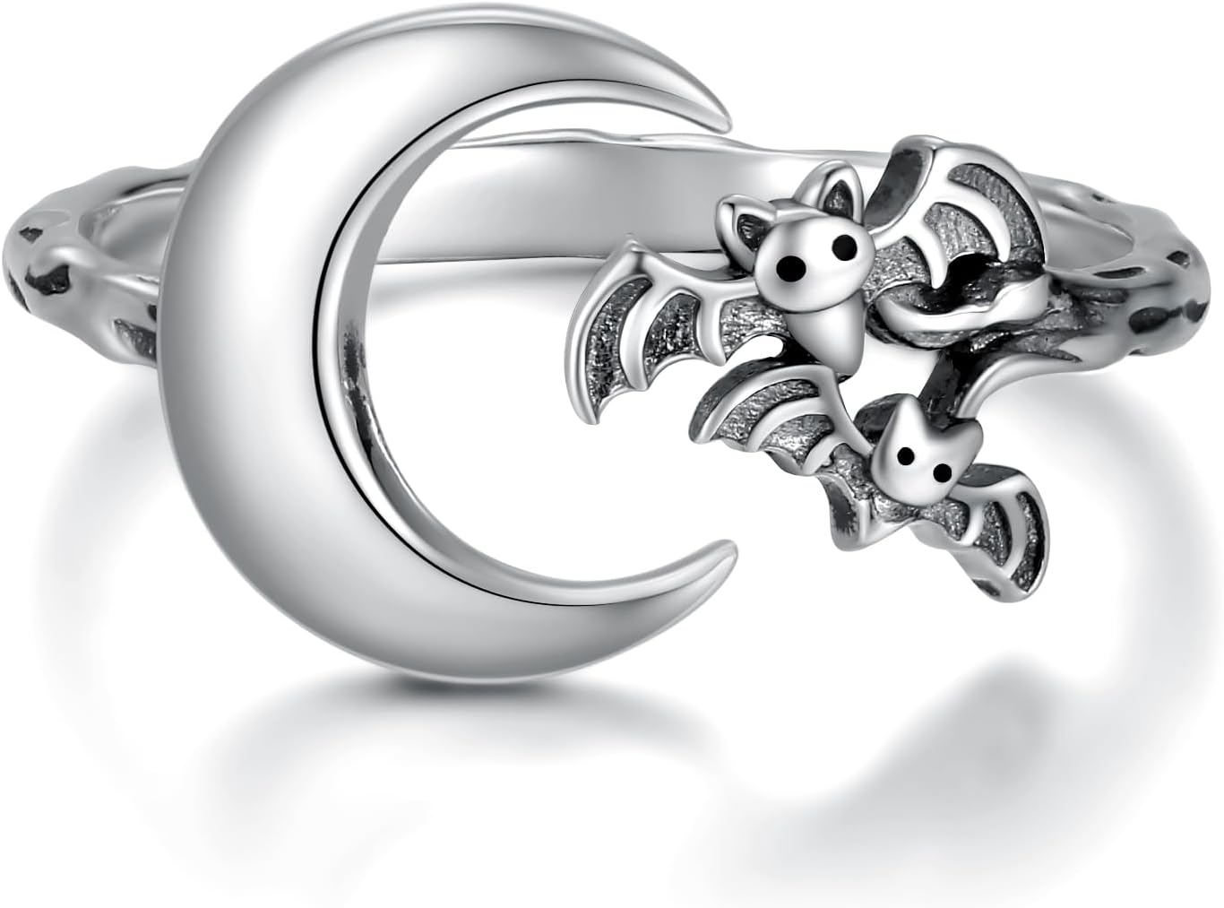 Crescent Moon Bat Ring Sterling Silver Hypoallergenic Moon Vampire Bat Ring Adjustable Dainty Halloween Jewelry Gift for Women