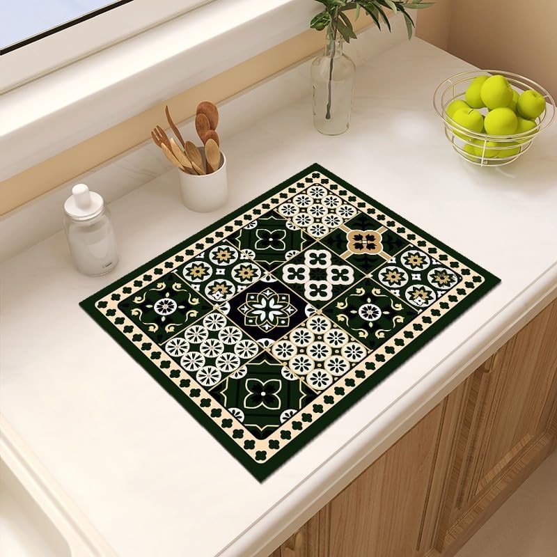 Image of HomeCloud Super Absorbent Dish Drying Mat for Kitchen Counter - Non-Slip, Heat-Resistant Rack Pad - Hides Stains, Ideal 4 Dishes, Coffee Maker, and Kitchen Appliances (Olive Tile, 50x40 cm)