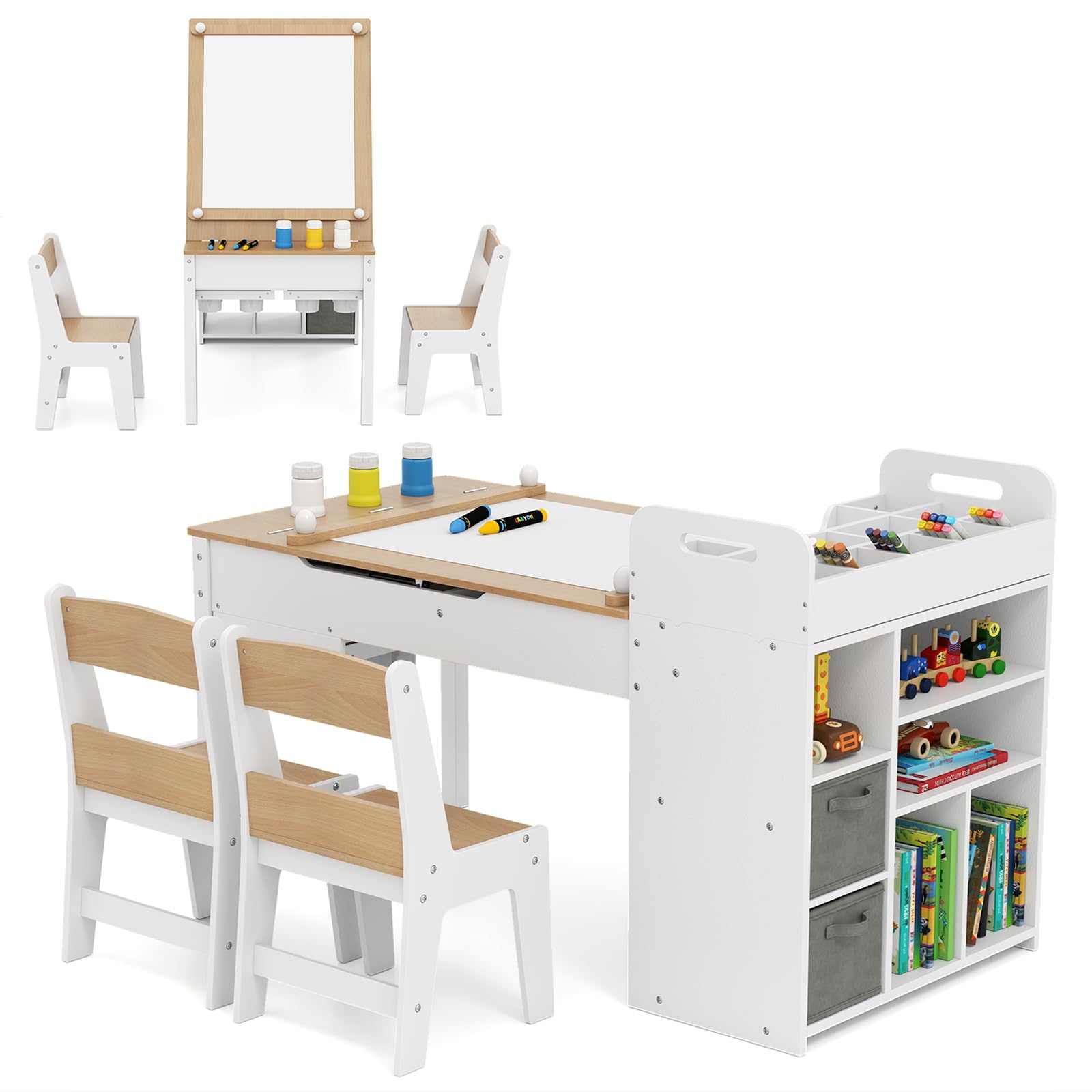 LIFEZEAL Tavolino Bambini, in Legno, con Sedia, Lavagna, Cavalletto, Scaffale per Giocattoli, Libreria, Porta Rotolo di Carta, Tavolo Bambini da Cameretta, Set per Bimbi 3+Anni, Naturale