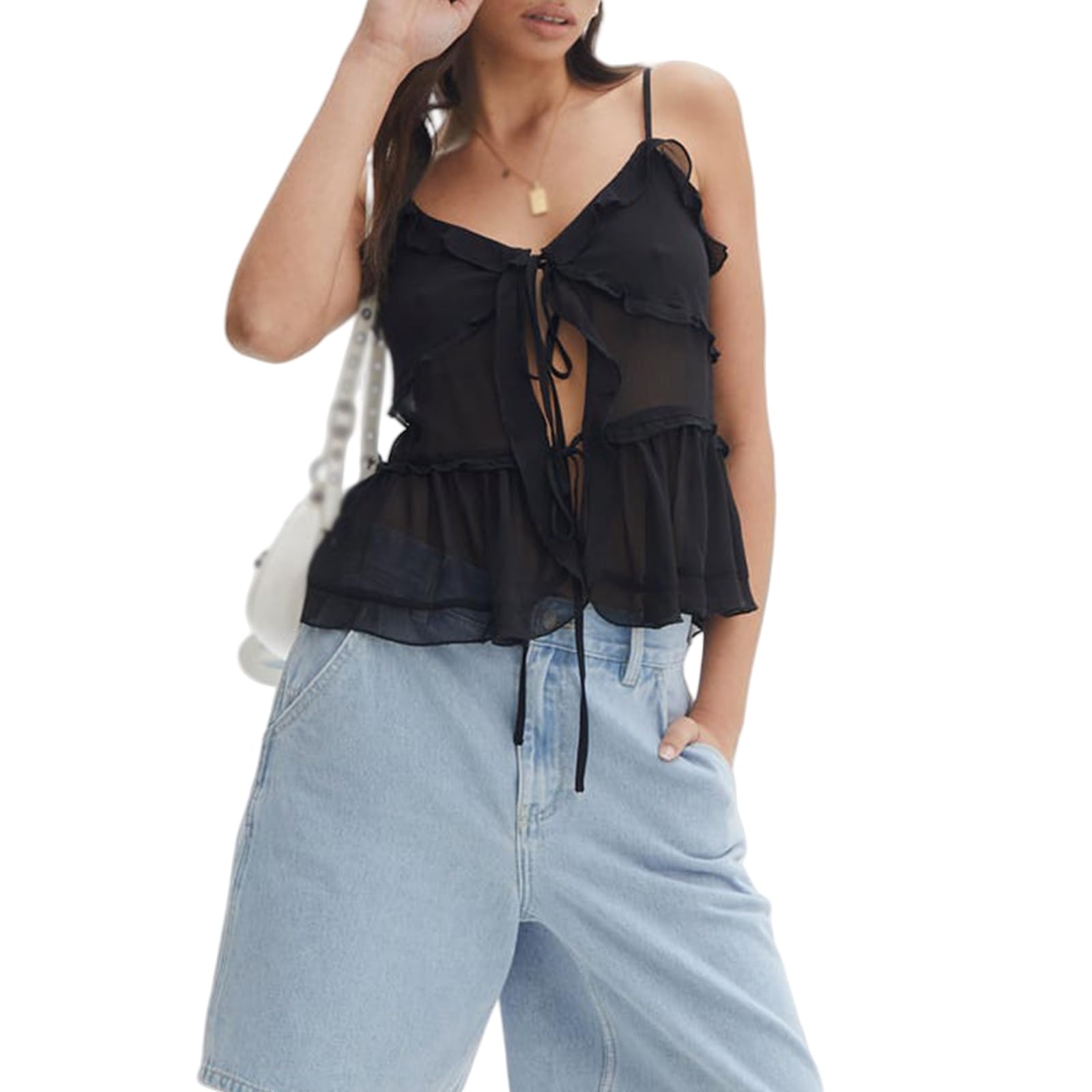 Generisch Top de verano con volantes y malla sin mangas para atar, Y2K camisola sexy de malla transparente con dobladillo con volantes