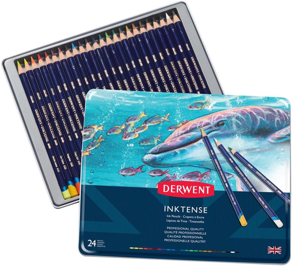 Derwent Inktense Permanent Watercolour Pencils, Set of 24 in a Tin, 4mm ...