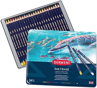 Derwent Inktense Pencils Tin, Set of 24, Great for Holiday Gifts, 4mm Round Core, Firm Texture, Watersoluble, Ideal for Watercolor, Drawing, Coloring and Painting on Paper and Fabric (0700929)