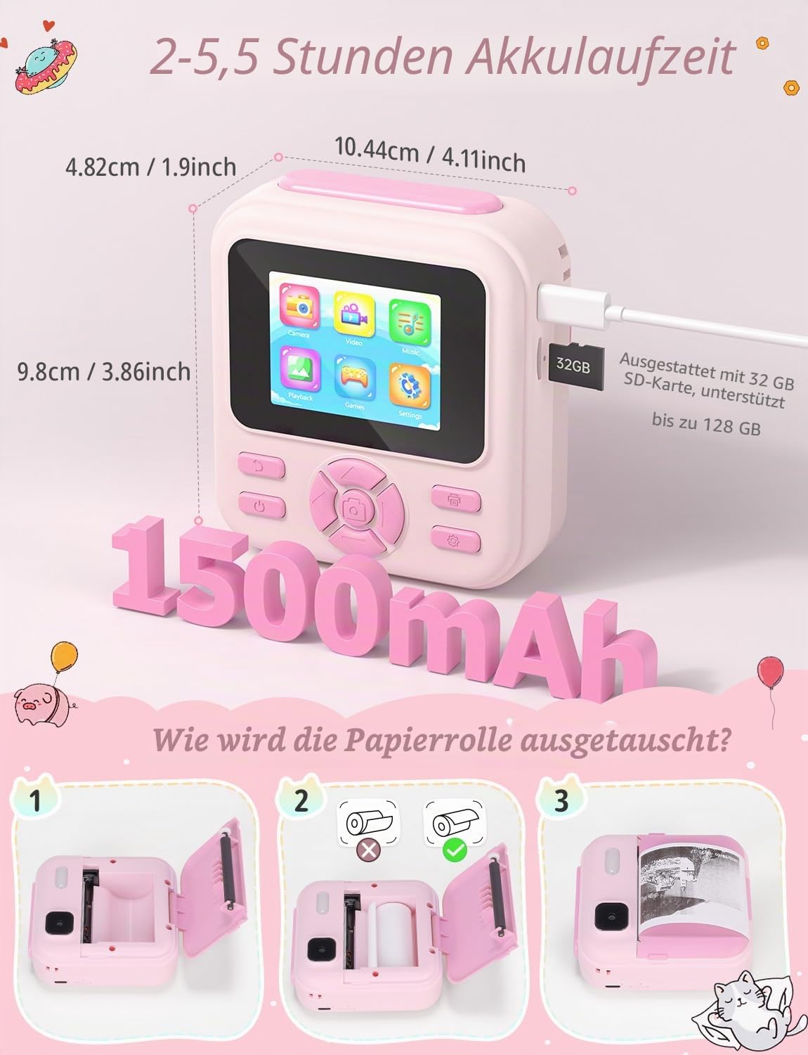 YOHOOLYO Sofortbildkamera Kinder 2,4 Zoll 1080P HD Kinderkamera mit 3 Rollen Druckpapier 32GB Karte Farbigen Stiften Aufkleber Geschenke für Jungen und Mädchen 3-12 Jahre (Rosa)