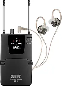 Sistema IEM sem fio – Transmissor de metal, receptor de bodypack dispensável com fones de ouvido, 85 frequências ajustáveis, operação de 85 metros para bandas, estúdios e eventos (SG-40B)