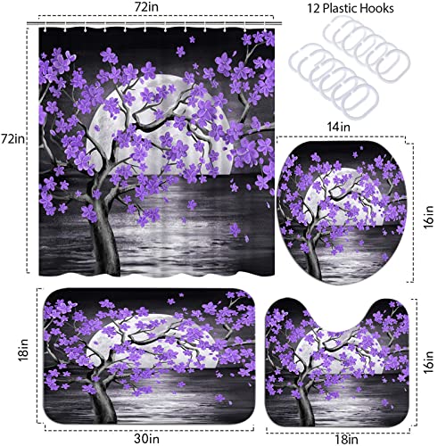 Simiwow Purple Shower Curtain Set With Rugs Full Moon Purple Tree Shower Curtain, Nature Landscape Floral Bath Rugs Bathroom Decor Set #TOP4