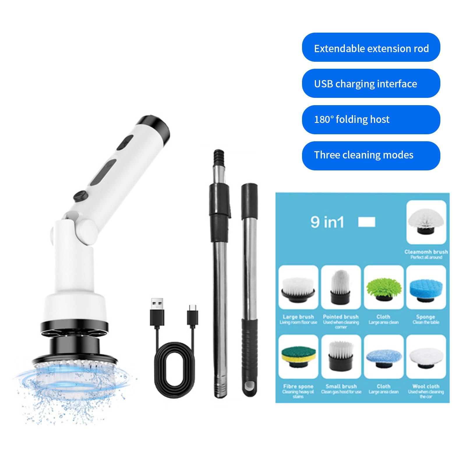 Brosse de Nettoyage électrique sans Fil, avec poignée réglable et 9 têtes de Brosse pour diverses Surfaces, Nettoyeur de