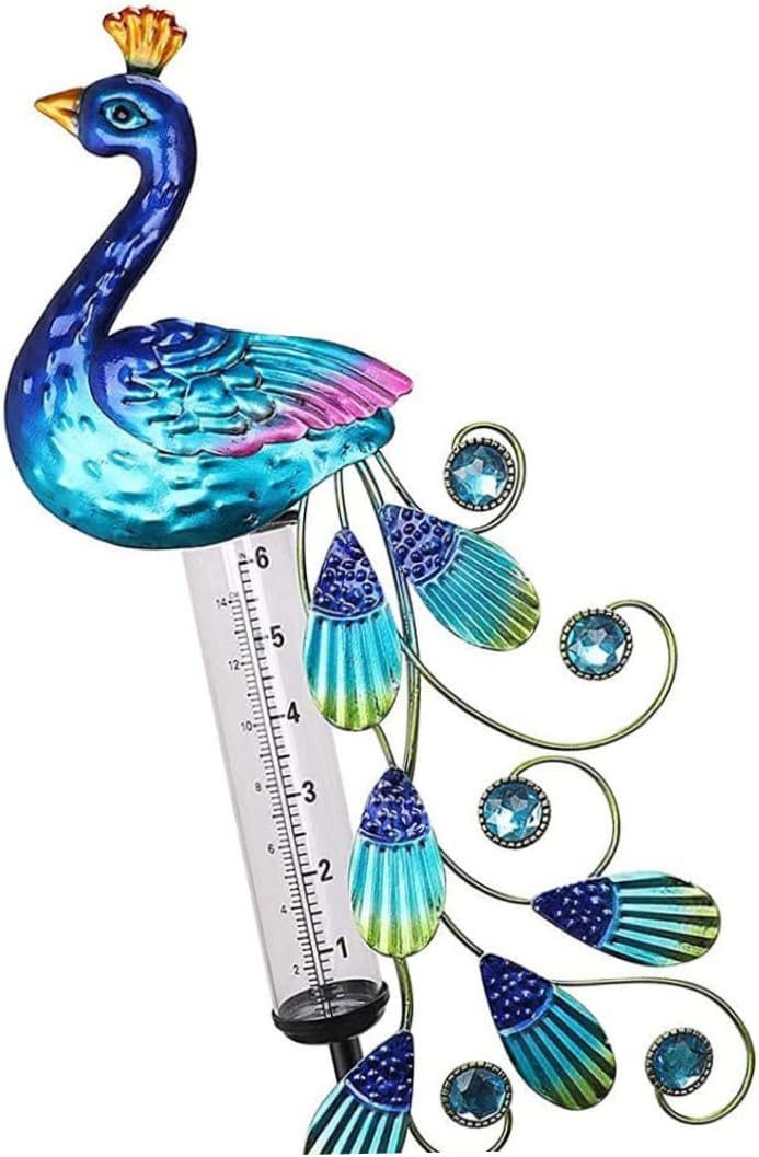 Solar Rain Gauge, Metal Peacock Garden Stake - Waterproof Light for Yard, Outdoor Decor, Weather Resistant