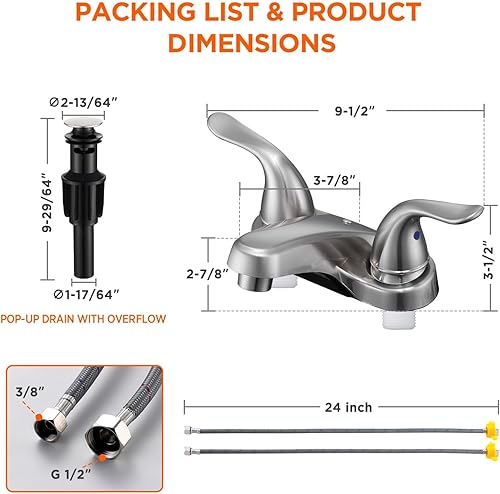 Vista 25 de Bathroom Sink Faucets 2/3 Hole,Matte Black Dual Handles 4 inch Plastic Plating Over Bathroom Faucet with Pop-up Drain and 2 Supply Hoses for