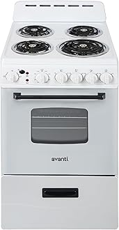 Avanti Electric Range Oven Compact Design, 2.1-Cu.Ft. Capacity with 4 Coil Burners, Framed Glass Oven Door, Storage Drawer and Broiler with Pan, 20-Inch, White