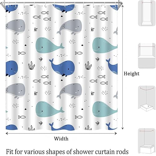 Miniatura 7 de Cortina de ducha de ballena de dibujos animados, lindo animal oceánico, azul y gris, diseño abstracto de peces náuticos, divertido para niños y