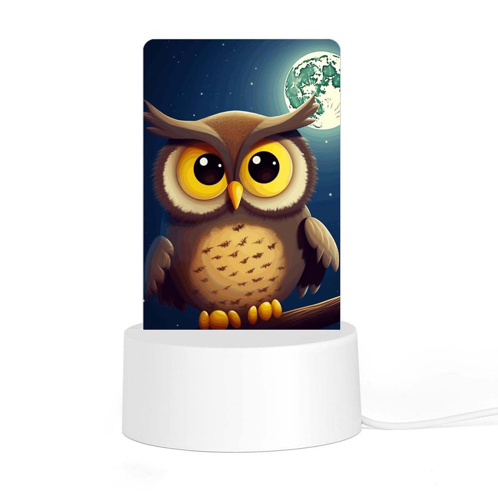 JTREHY Acrylic Night Light with Base, Owl and Yellow Moon Printed Desktop Night Light LED Bedside Night Light for Bedroom, Bathroom, Corridor, Holiday Gift