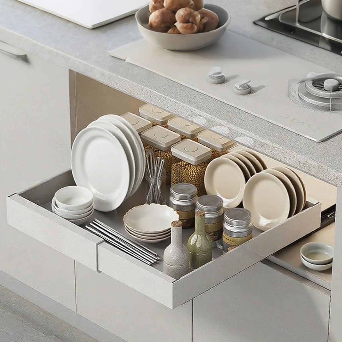 Tiroir Telescopique Cuisine, Lot de 2 Organisateurs De Placard Extensibles avec Adhésif, Tiroirs Coulissants Rangement Cuisine, Largeur Réglable de 32 à 53 cm, Tiroir Coulissant Placard, Blanc