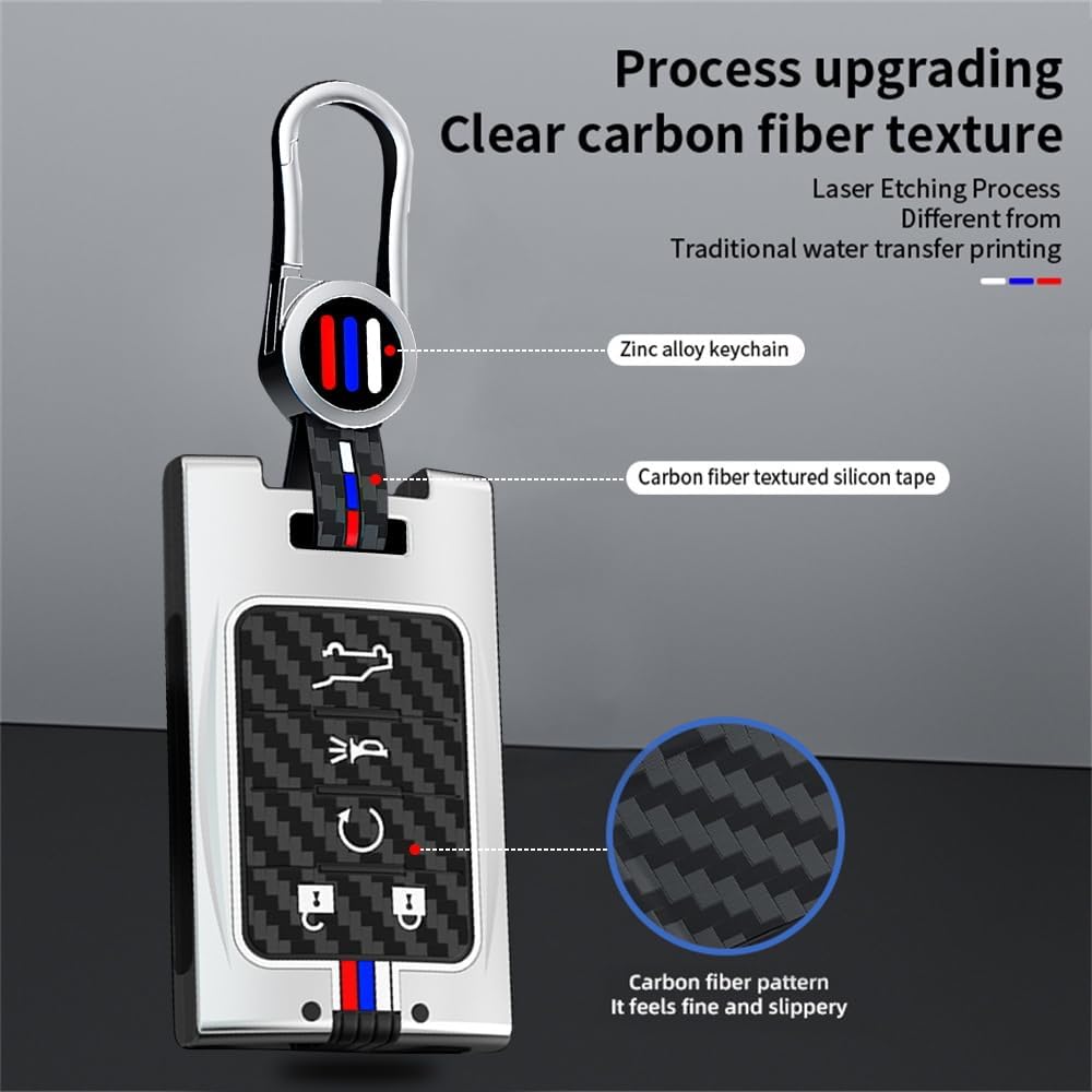 KUNIO Luminous Effect Key Fob Cover Case Fit for Cadillac Escalade CT5 CTS DTS SRX Chevy Corvette C7 Zinc Alloy Carbon Fiber Pattern Metal Key Holder Key Fob Protector A-Keychain 5 Button Black