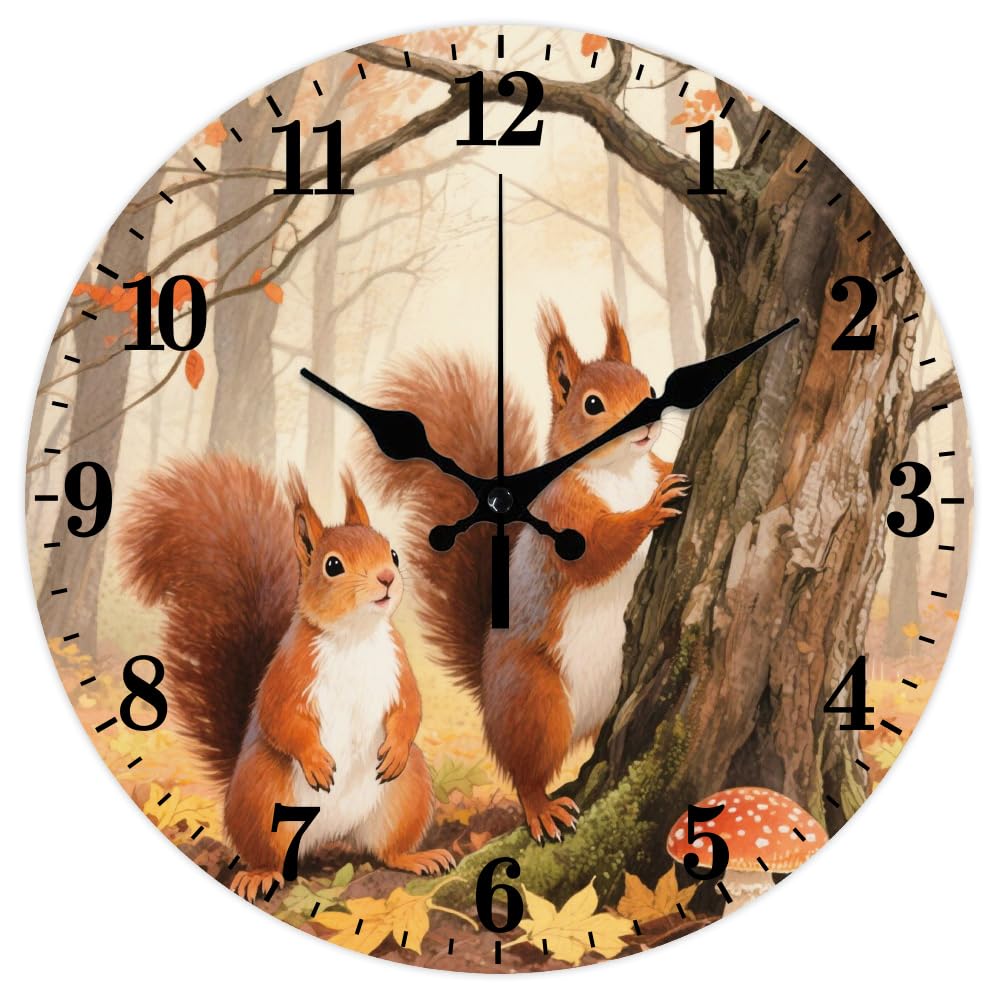 CHGCRAFT Squirrel Wall Clock 12 Inch Forest Leaves Clock Battery Operated Silent Non Ticking Mushrooms Round Decorative Clocks for Home Office Decoration