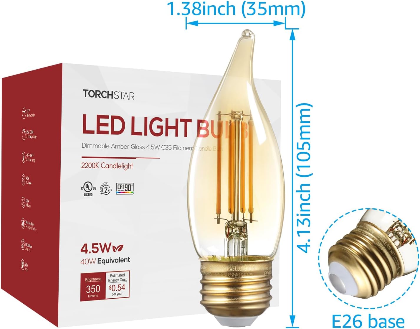 TORCHSTAR E26 LED Candelabra Bulbs, C35 Dimmable LED Chandelier Light Bulbs, UL Listed, 40W Equivalent, 2200K Amber Warm, 350lm, Candle Light Bulbs, Amber Glass, Pack of 6