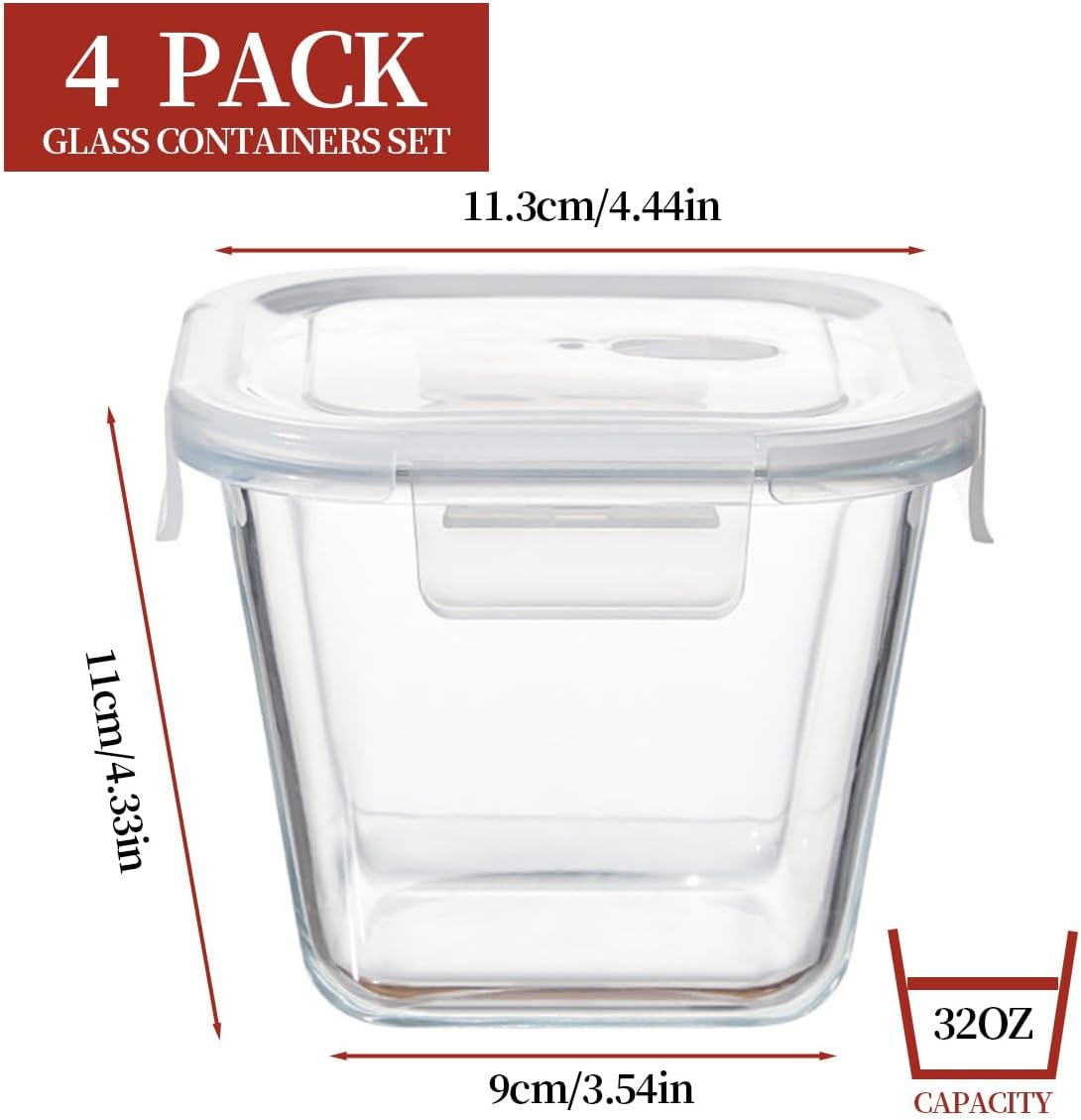 32oz Square Glass Food Storage Containers with Lids, 4 Cup Glass Soup Containers, Heat-Resistant BPA free Square Meal Prep Bowls for Microwave, Freezer and Dishwasher safe (4Packs)