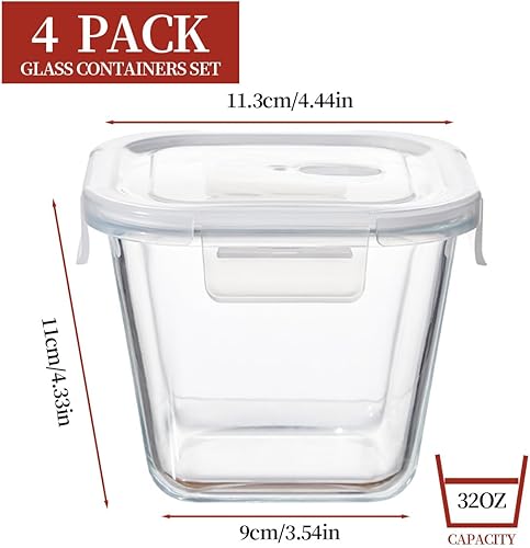 Miniatura 2 de Recipientes cuadrados de vidrio para almacenamiento de alimentos de 4 tazas con tapas, juego de recipientes de vidrio de 32 onzas, resistentes al