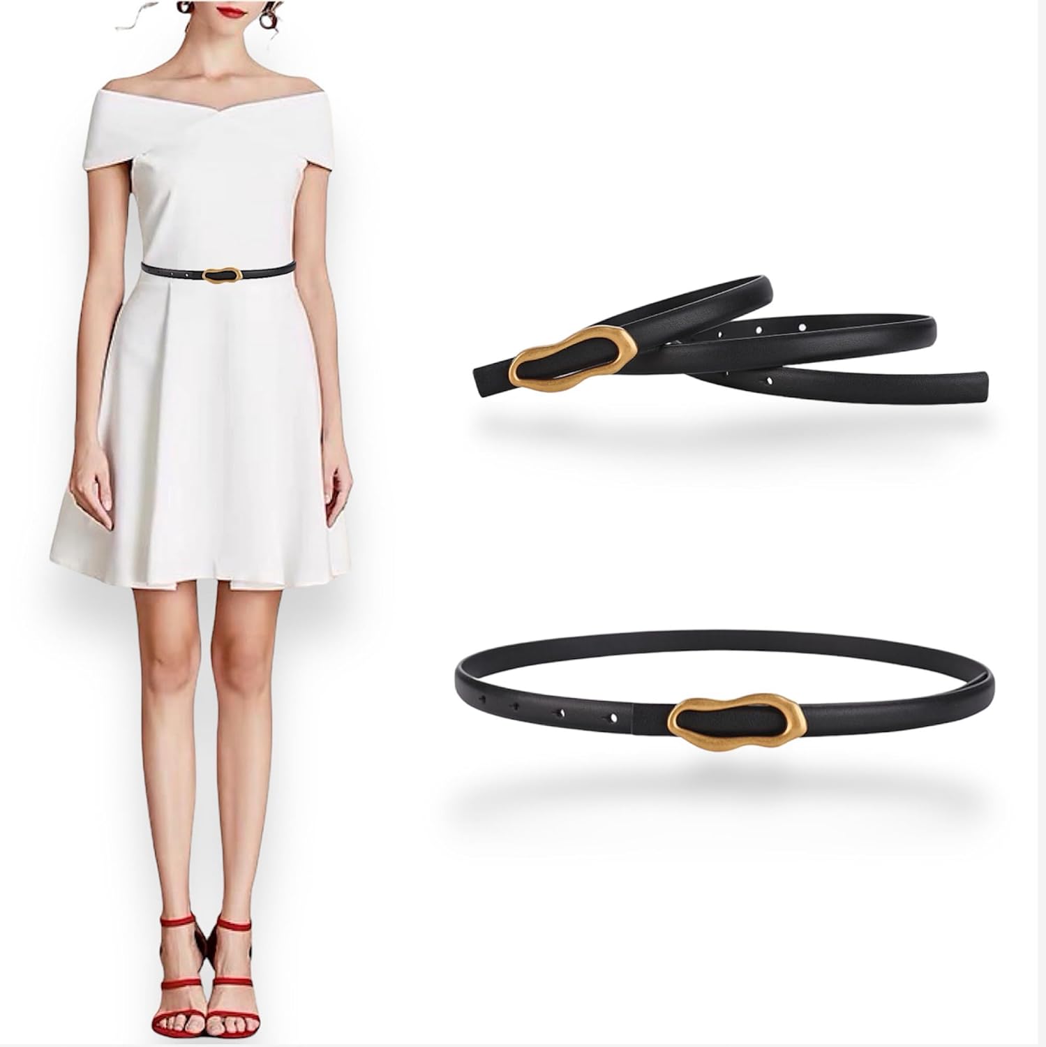 Women's Belt Slim Skinny Genuine Leather Belt For Dress Pants, Gold Bronze Oval Organic Shape Buckle Soft Waistband - Image 2