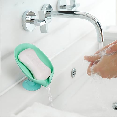 Miniatura 7 de Jabonera con forma de hoja, jabonera autodrenante, extiende la vida útil del jabón en barra, mantiene el jabón seco, verde y verde, 2 unidades