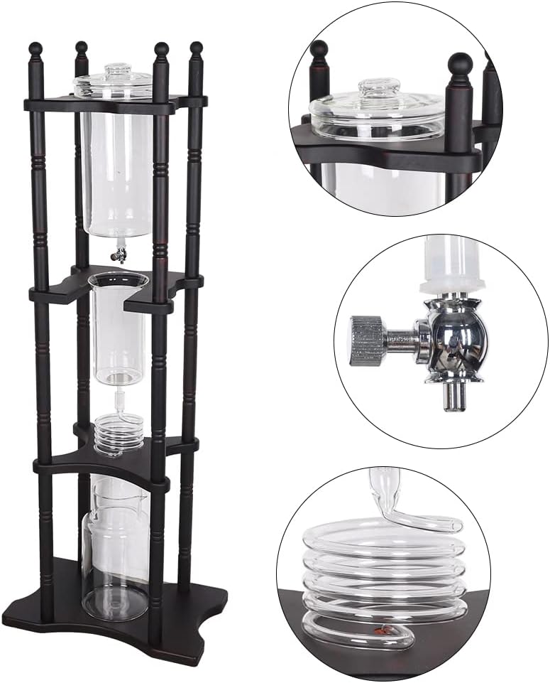 2000ml Ice Drip Coffee Tower, 25 Cups Large Capacity Cold Brew Coffee Maker Glass Ice Dripper with Solid Wood Frame & Reusable Filter for Home Office
