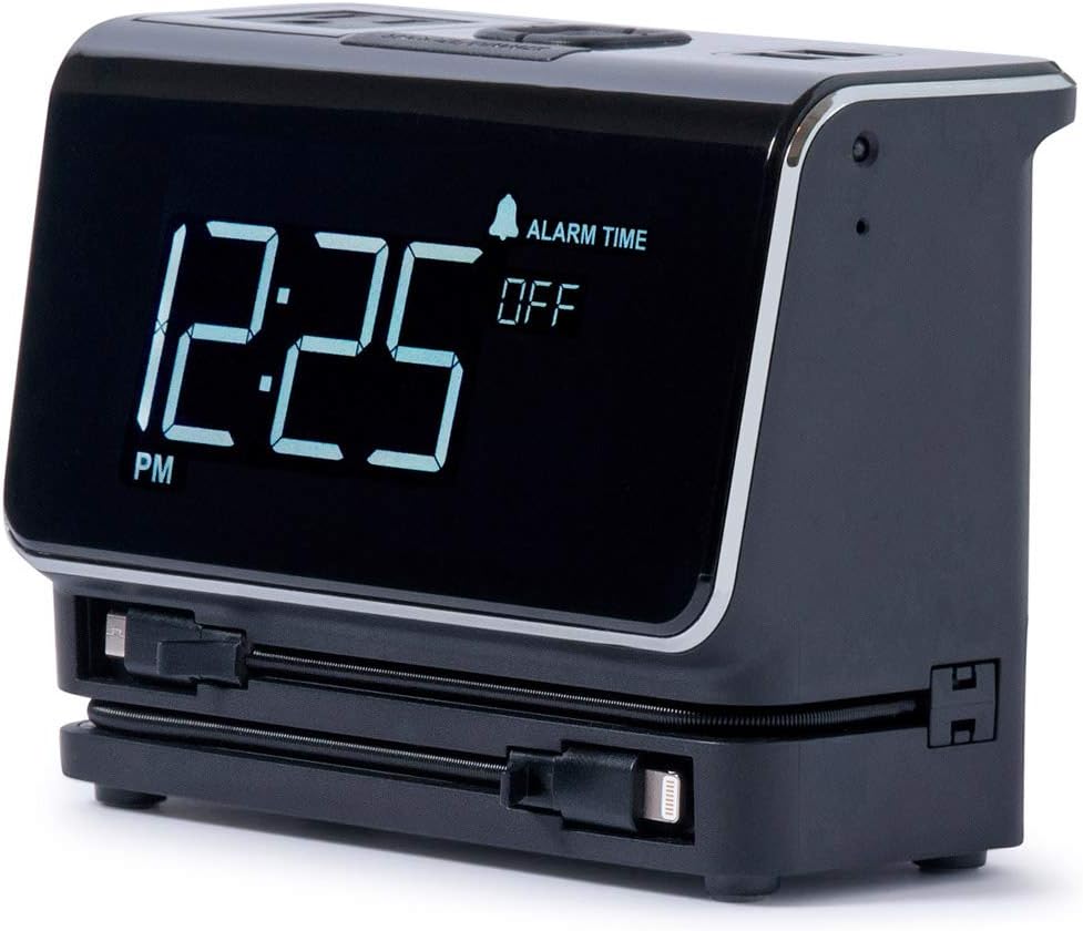 Kube Essentials Power Hub Alarm Clock Fast Charge Devices with Built in Cables for iPhone and Android Phones Tablets and Laptops