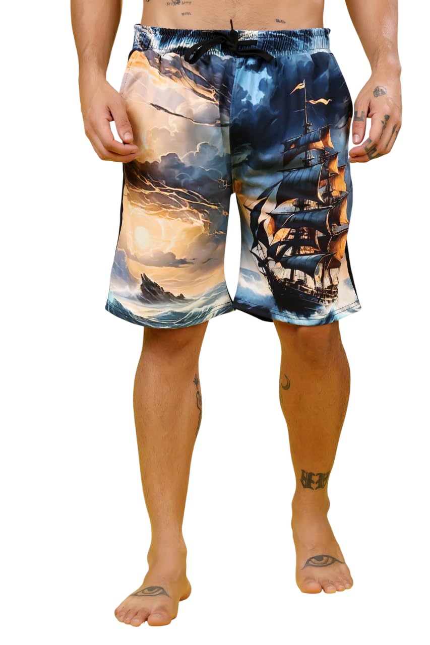 Men Shorts with Elastic Waist | Pirate Ship Print Men Polyester Shorts| Breathable | Street Style | Quick Dry |-image-29