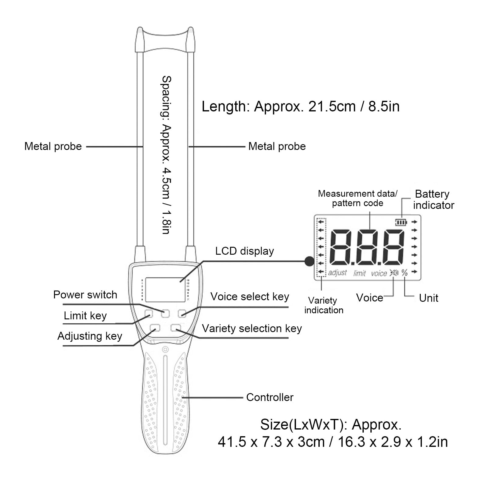 Cocoarm Misuratore di umidità per Cereali, Misuratore di umidità per Cereali in ABS con Sonda in Acciaio da 600 Mm, Display LCD a Lettura Vocale da 7,5 a 55% per Test di Stoccaggio degli Agricoltori