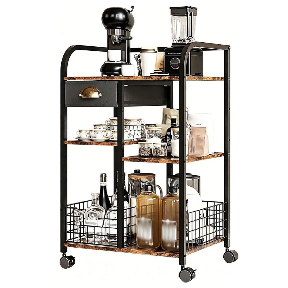 Carrito de Café con Cajón de Almacenamiento, 4 Niveles Ajustables | Barra de Café Móvil con Ruedas, Mesa Auxiliar de , Estación de Café Rústica de Madera Para Cocina, Entrada, Salón o Comedor