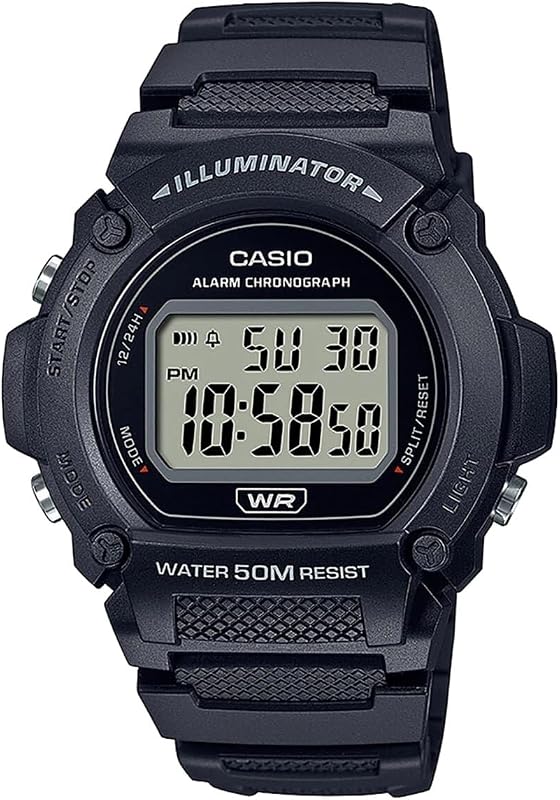 Serie Casio W219H | Reloj digital para hombre | 50M marca | Iluminador LED | Cronógrafo de 100 segundos | Cronómetro 1/100 SEC | Alarma diaria | Señal horaria | Calendario automático | Batería de 7 años