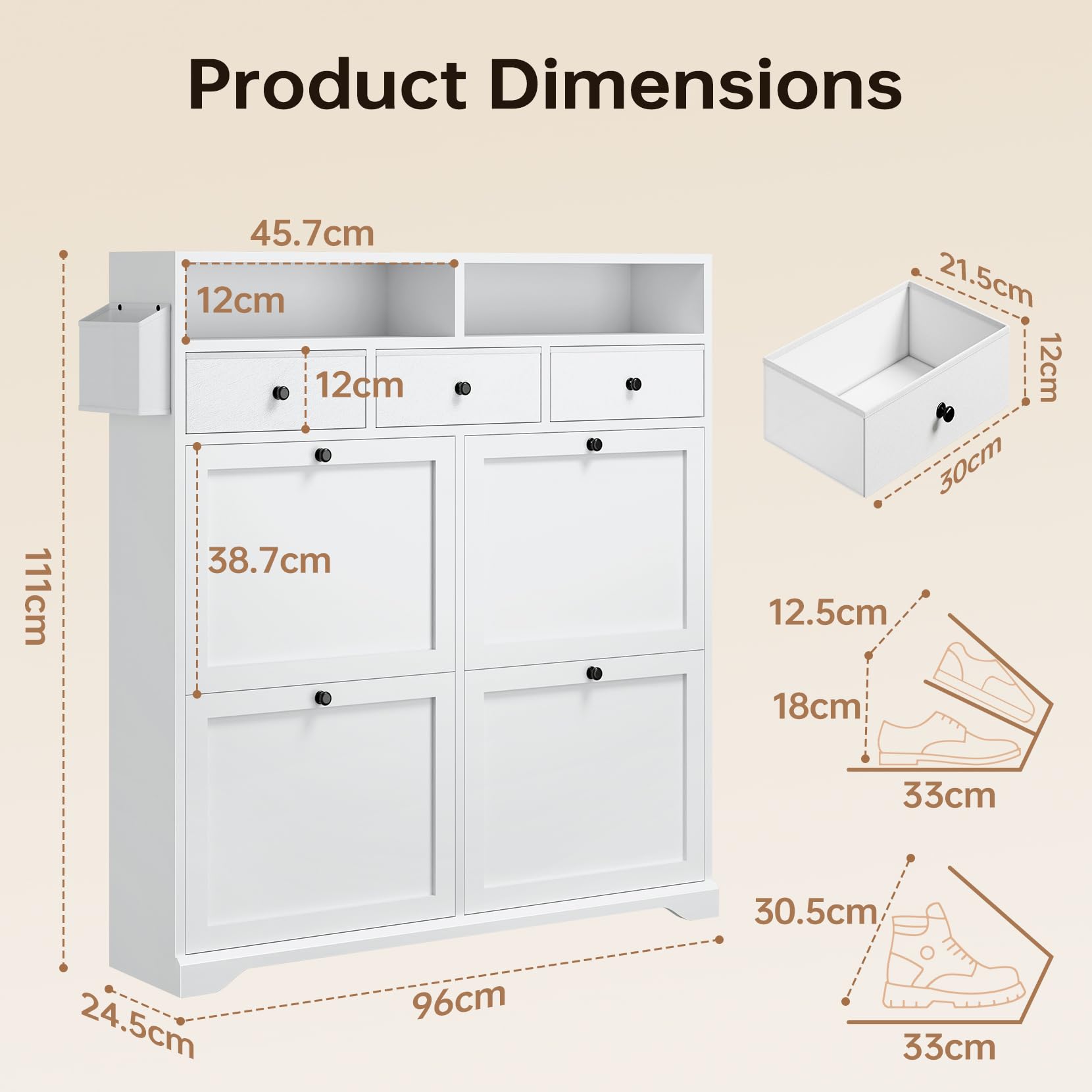 Dripex Schuhschrank schmal 4 Klappen und 3 Stoffschubladen, 96 x 24.5 x 111cm, Schuhkipper mit LED, Verstellbare Trennwände, 2 Kommode Schuhregal, 16-24 Paar Schuhe | Weiß