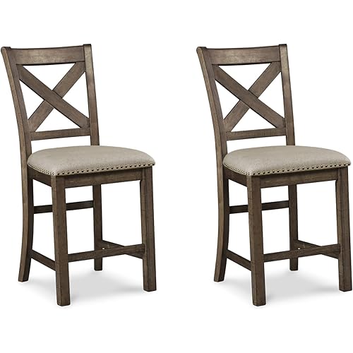 Signature Design by Ashley Moriville Rustic Farmhouse 24.5" Upholstered Barstool, 2 Count, Beige & Brown