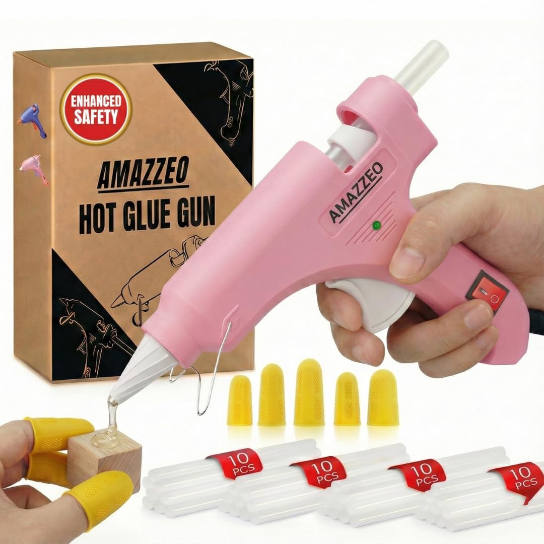 Amazzeo Mini Hot Glue Gun and Sticks Set 40pcs with 5 Fingers Safety Caps - Kids & Home Use Gun, Pistola De Silicona Caliente School Projects & Quick