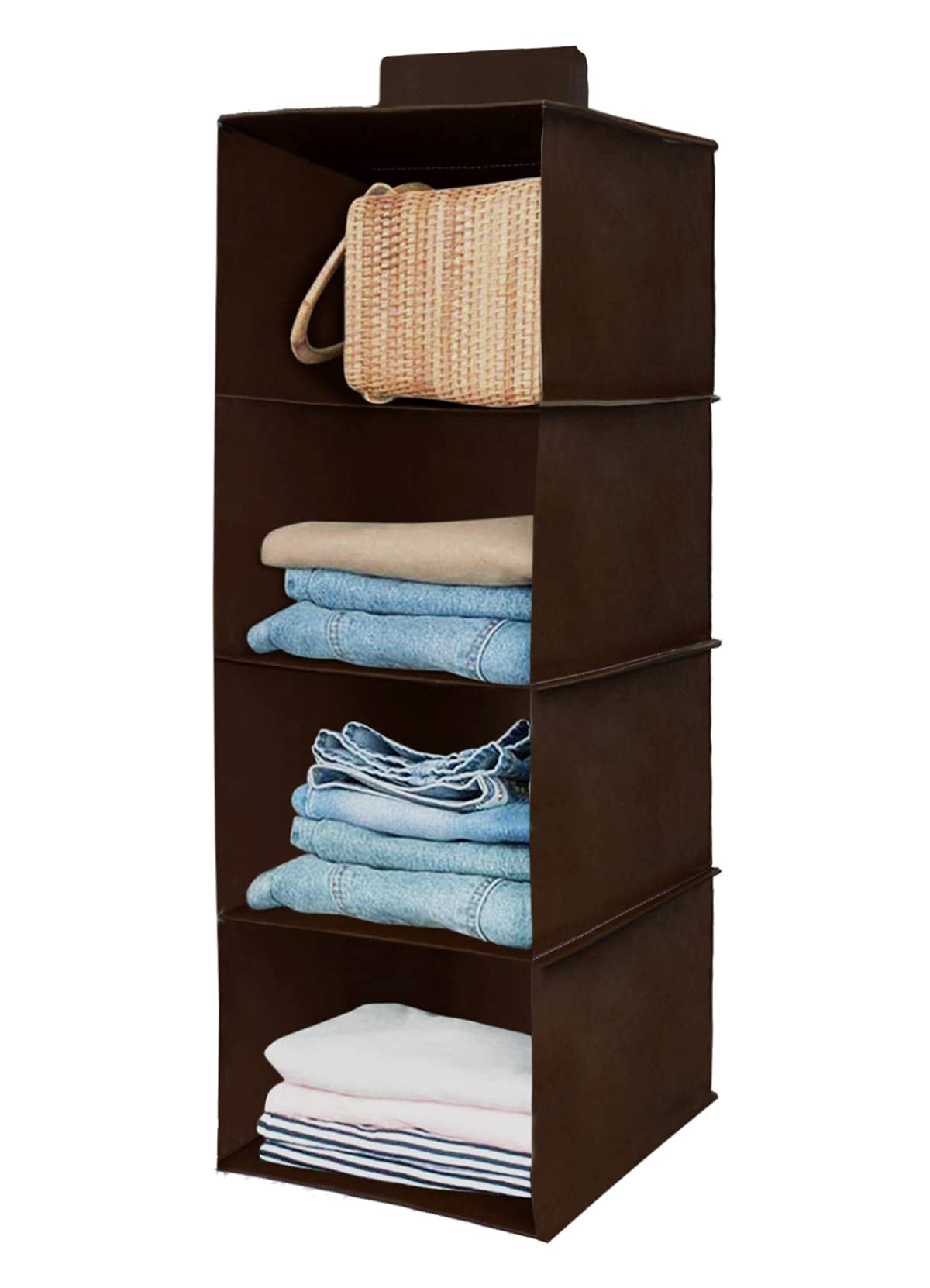 Kuber Industries 4 Shelf Closet/Wardrobe Hanging Organizer|Shoes Storage Cupboard|Non Wovan Foldable with Universal Fit|Size 31 x 25 x 80, Pack of 1 (Brown)|Fabric