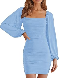 Mesh Cocktail Dresses for Women Elegant Square Neck Lantern Long Sleeve Mini Ruched Bodycon Party Dress - Buy now