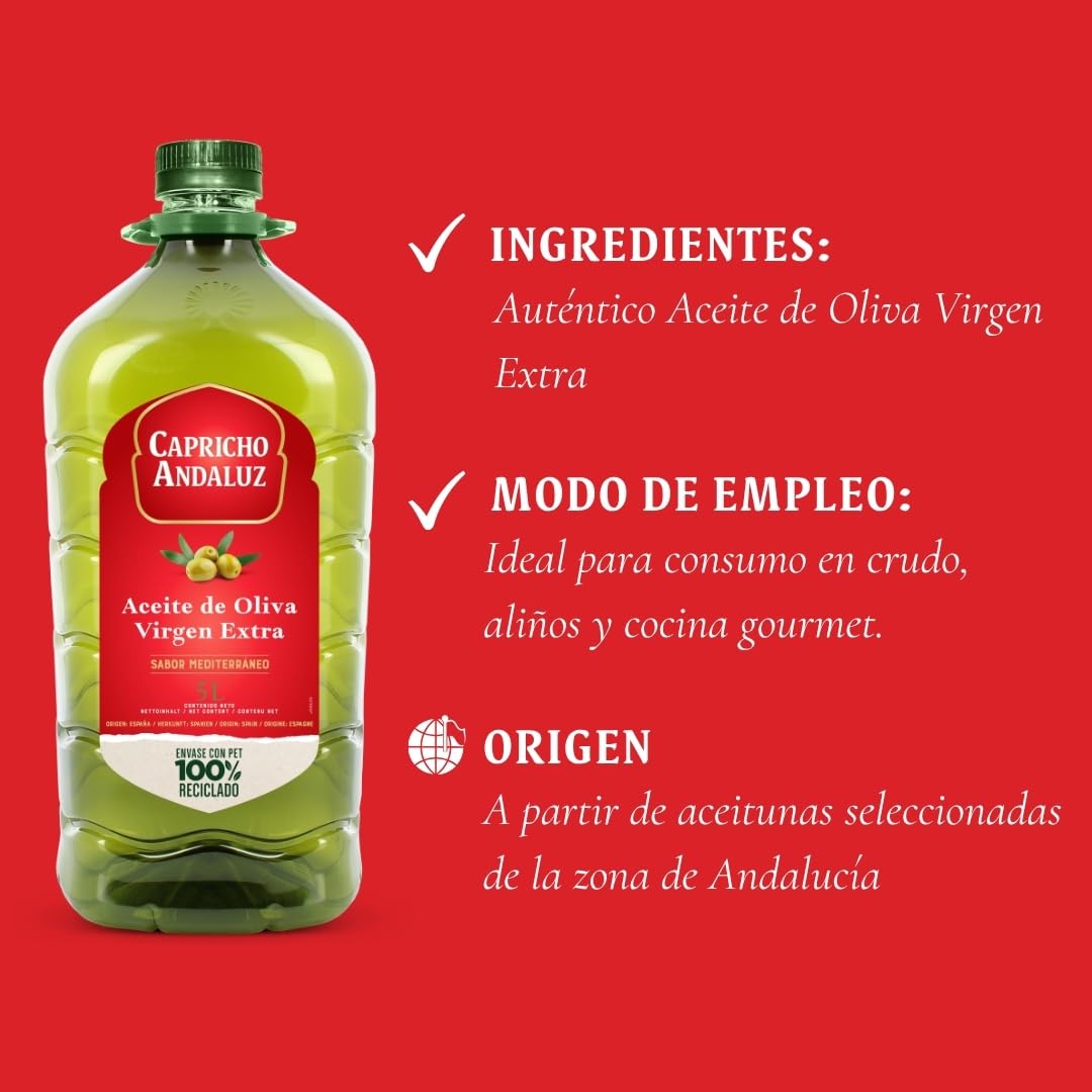 Aceite de Oliva Virgen Extra 5L Capricho Andaluz - Prensado en Frío, Origen Español